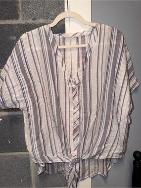 Hummingbird Striped Button-Front Tie Hem Top - White, Blue & Pink
